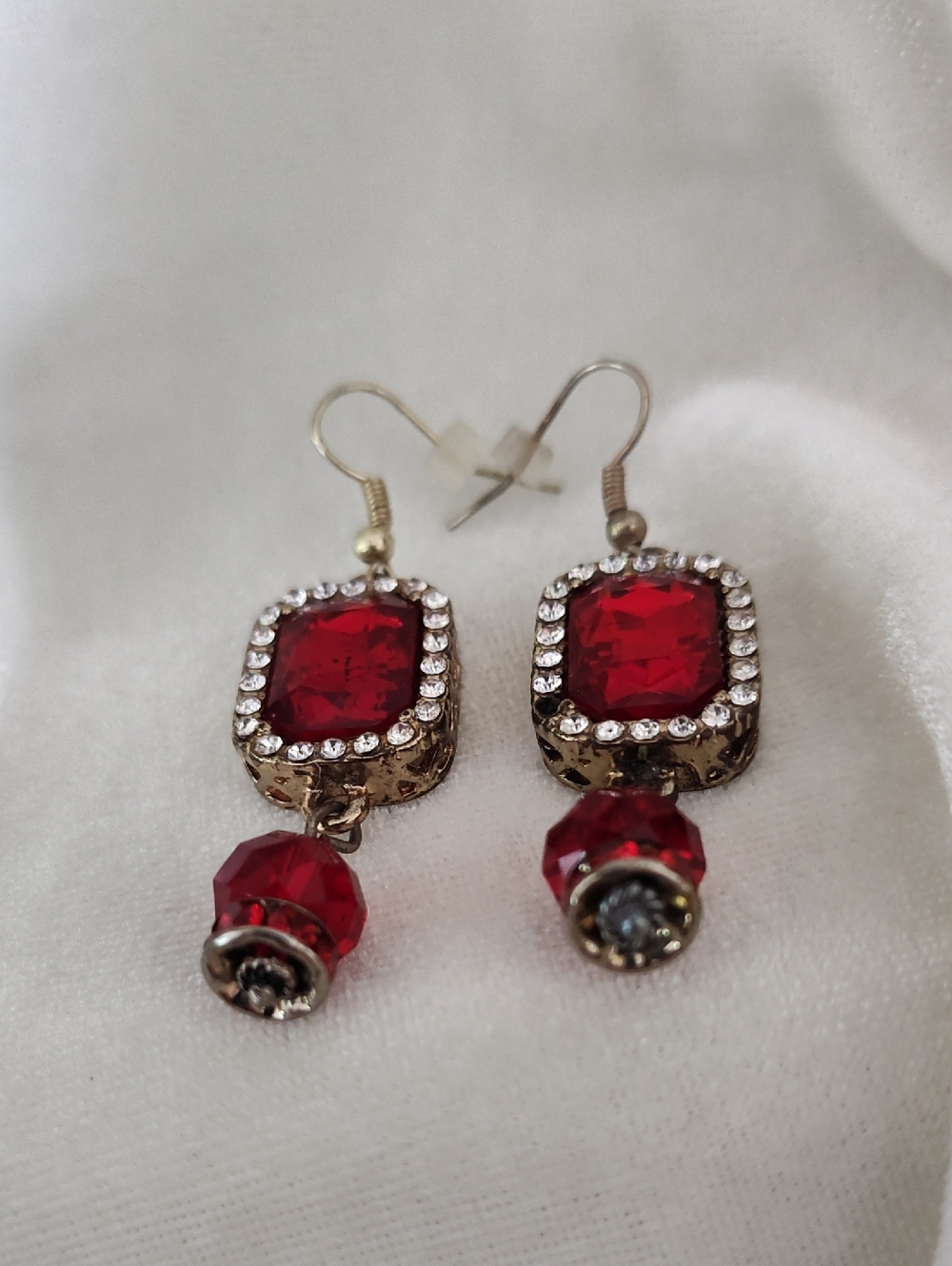 Red Crystal Drop Earrings with Rhinestone Frame
